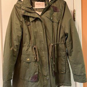women's hooded fur lined army jacket, size M